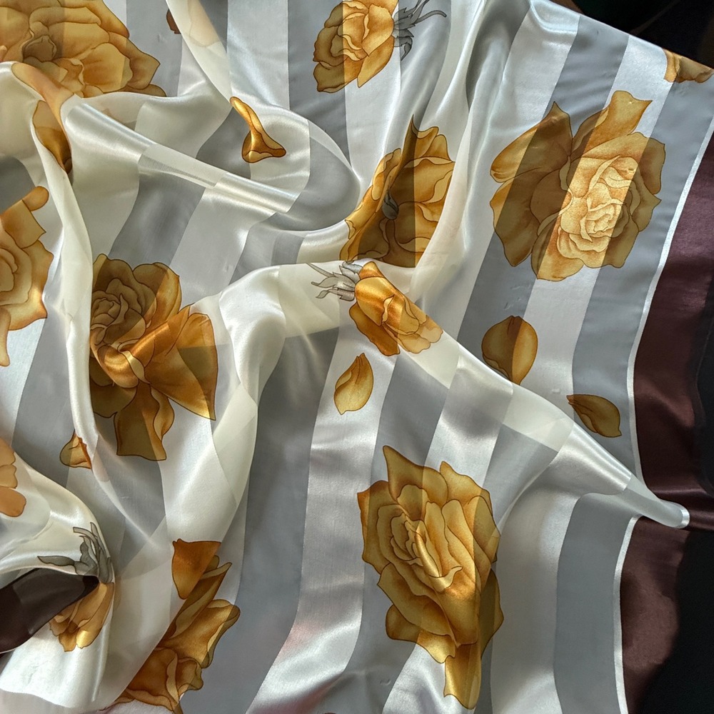 Vintage Oversized Square Scarf Brown Yellow Floral Striped Satin Chiffon‎ 40x40